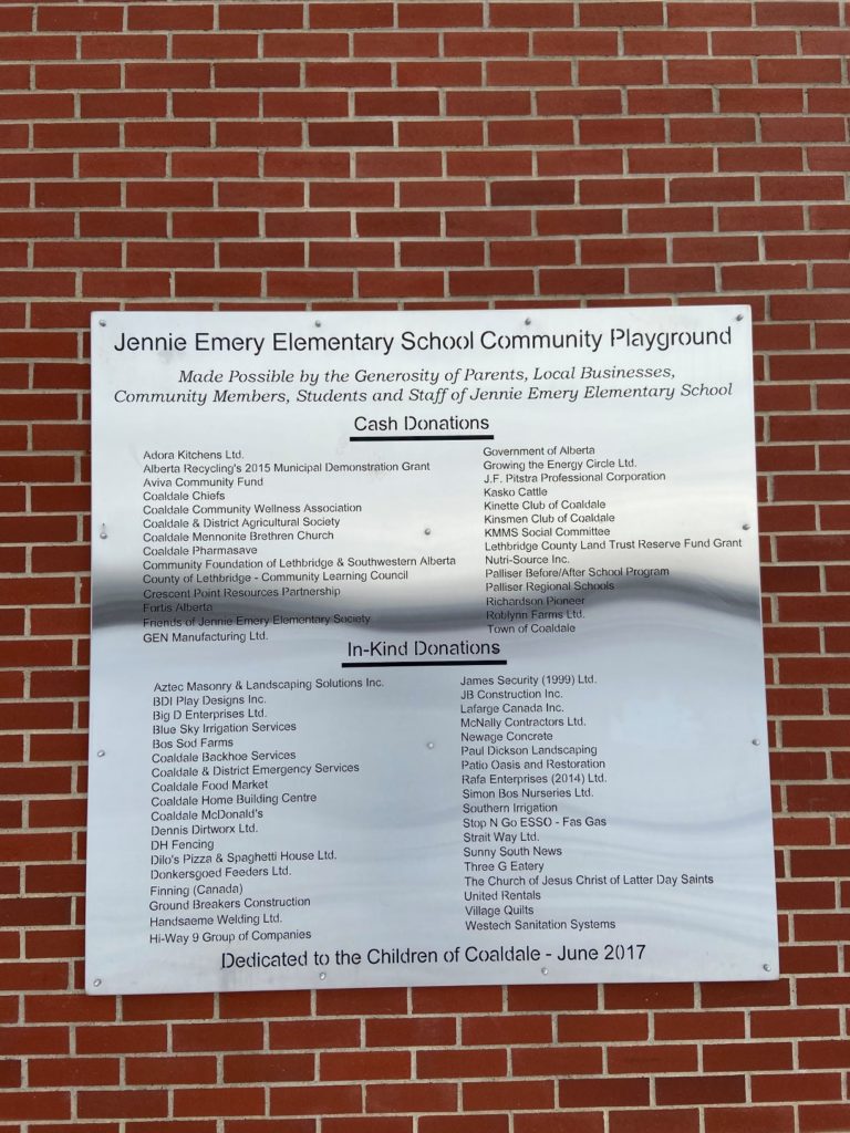 The Sign Recognizing Our Co-Sponsorship of the Playground Facilities at Jennie Emery Elementary School in Coaldale. The Sign Recognizing Our Co-Sponsorship of the Playground Facilities at Jennie Emery Elementary School in Coaldale.